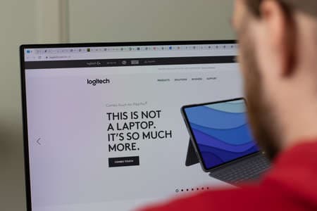 New York, USA - 1 May 2021: Logitech company website with logo on screen, Illustrative Editorial